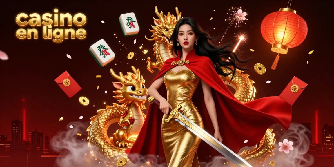 Découvrez le monde palpitant du casino en ligne avec une reine guerrière et un dragon au milieu d'éléments de jeux vibrants.