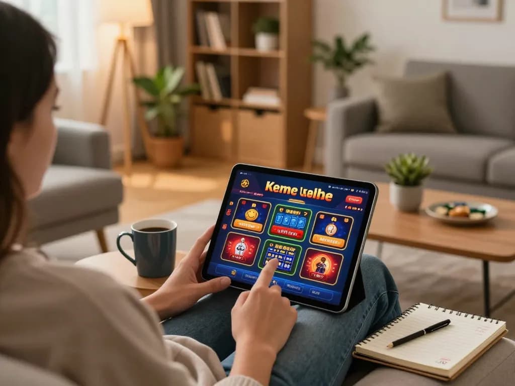 Person engaging with casino senza licenza aams app on tablet in a cozy living room.