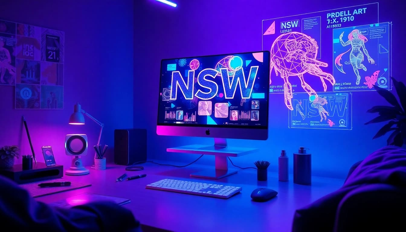 Futuristic digital workspace showcasing an AI NSFW platform with vibrant artwork.