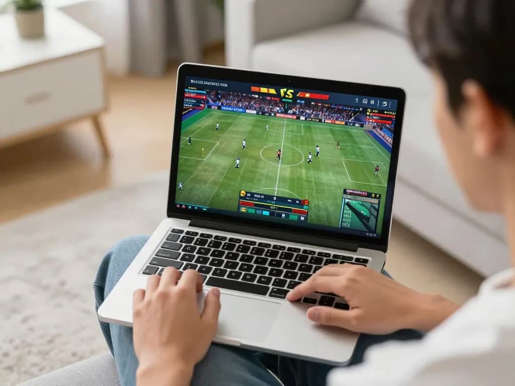 Engaging in online sports betting at kp88 with laptop showing live gameplay and betting options