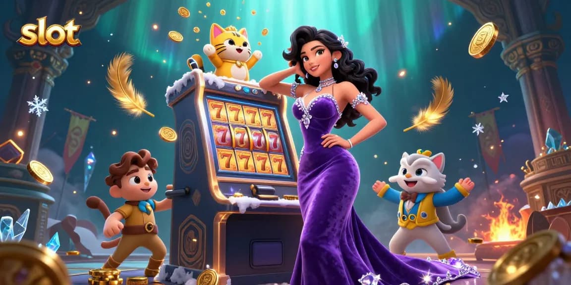 Experience the thrill of slot gameplay with a glamorous woman and lucky fortune cat in 3D.