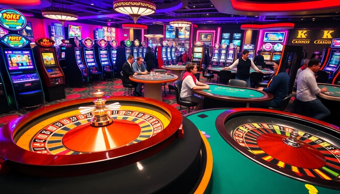 Exciting casino gaming scene highlighting KJC AC 3 with players at poker tables.