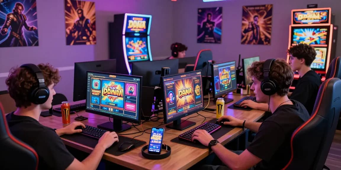 Excited players enjoying slot dana games on laptops and mobiles in a vibrant gaming room.