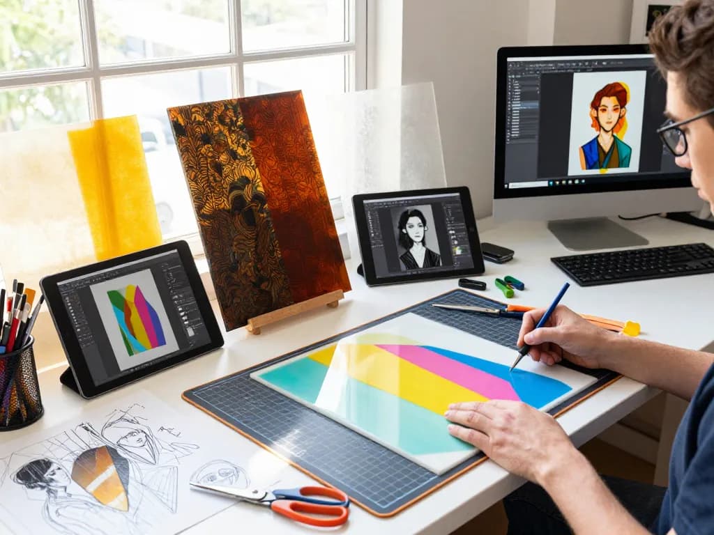 Custom acrylic standee design in a vibrant workspace filled with art tools and creative elements.