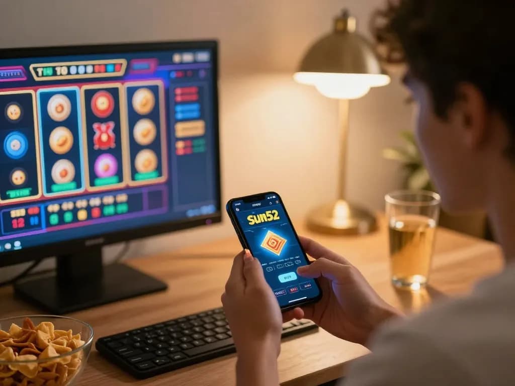 Engaging with the Sun52 app for exciting online casino gaming in a cozy home setting, showcasing smartphone gameplay.
