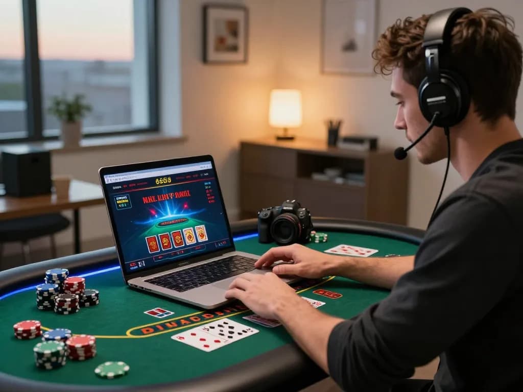 Intense player engaged in online baccarat gameplay, showcasing a modern gaming setup with laptop and casino elements.