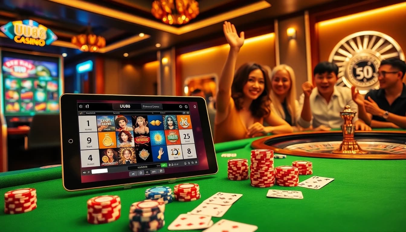 Players engaging with interactive UU88 online casino games amidst vibrant casino elements.