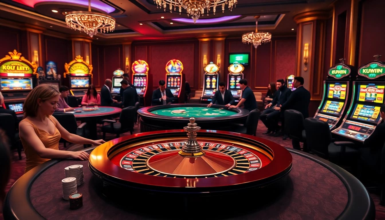 KUWIN casino scene showcasing exciting games with vibrant roulette and slot machines.