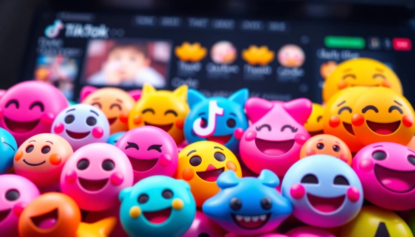 Tiktok emojis showcased in a vibrant digital collage with colorful backgrounds.
