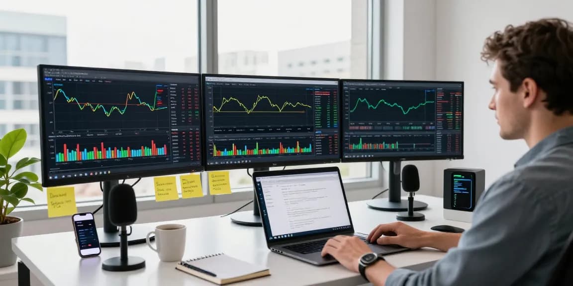 MetaTrader 5 trading platform setup with trader analyzing charts in a modern workspace.