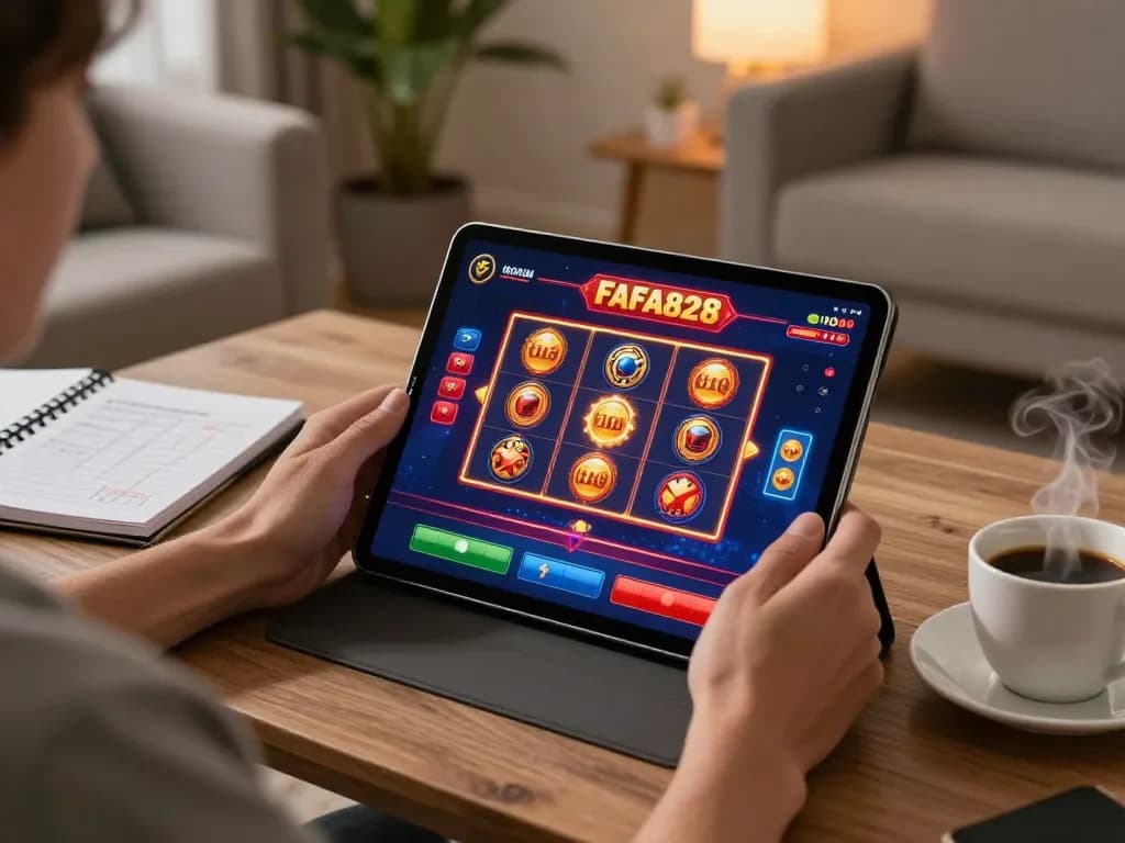 Engaging with FAFA828's online slots on a tablet in a cozy living room.