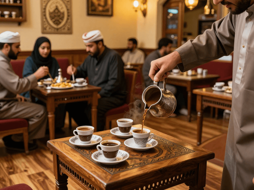 قهوجيين يقدمون القهوة العربية في مقهى تقليدي.