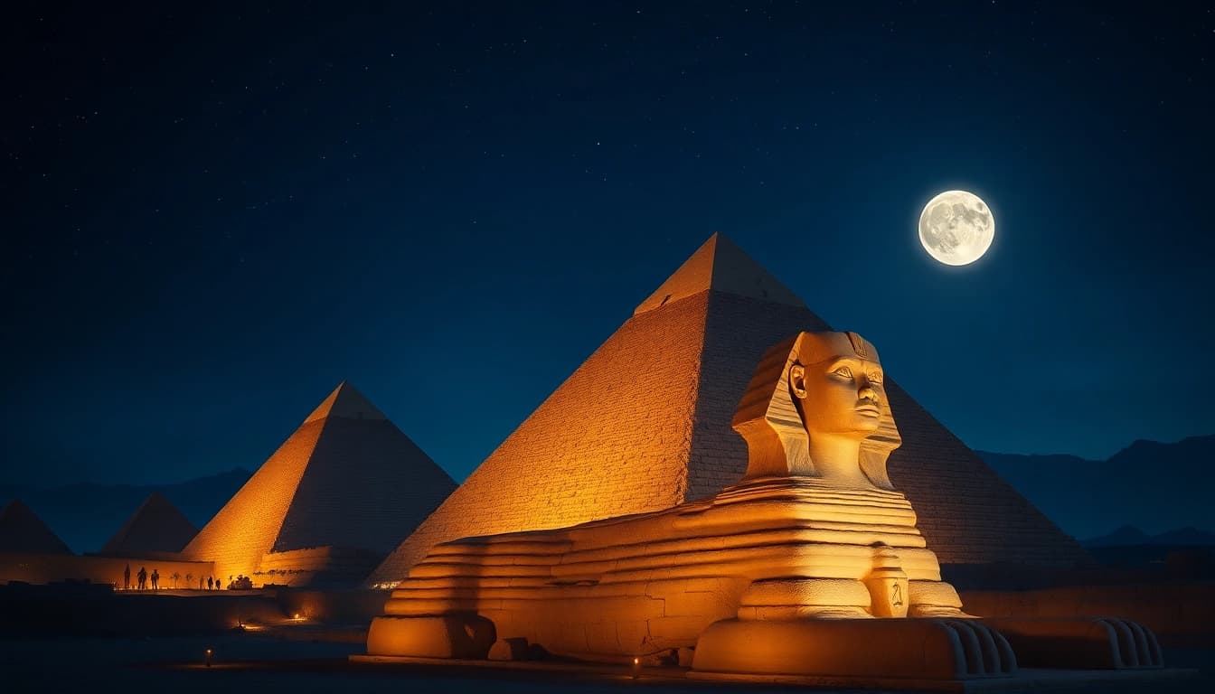 View of piraminds under a starry night with the Great Pyramid prominently illuminated.