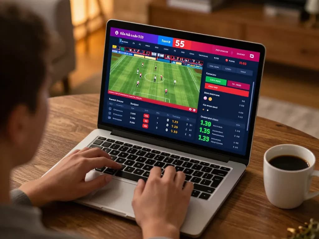 Kèo nhà cái 55 displayed on a laptop as a user engages in live betting at home.