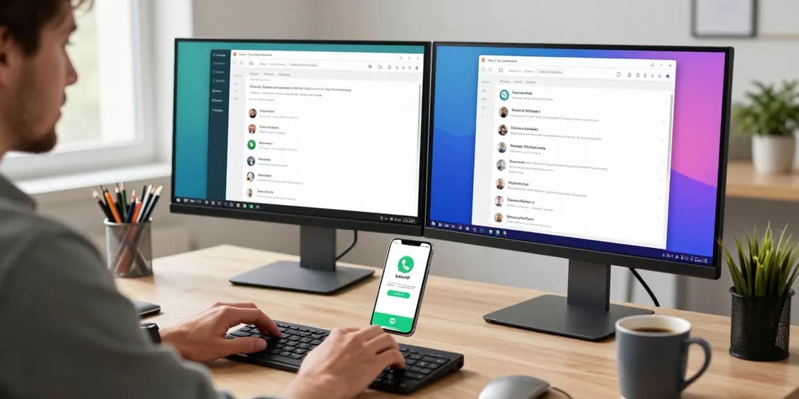 Using WhatsApp網頁版 on a modern desktop setup with vibrant chat interface and notifications.