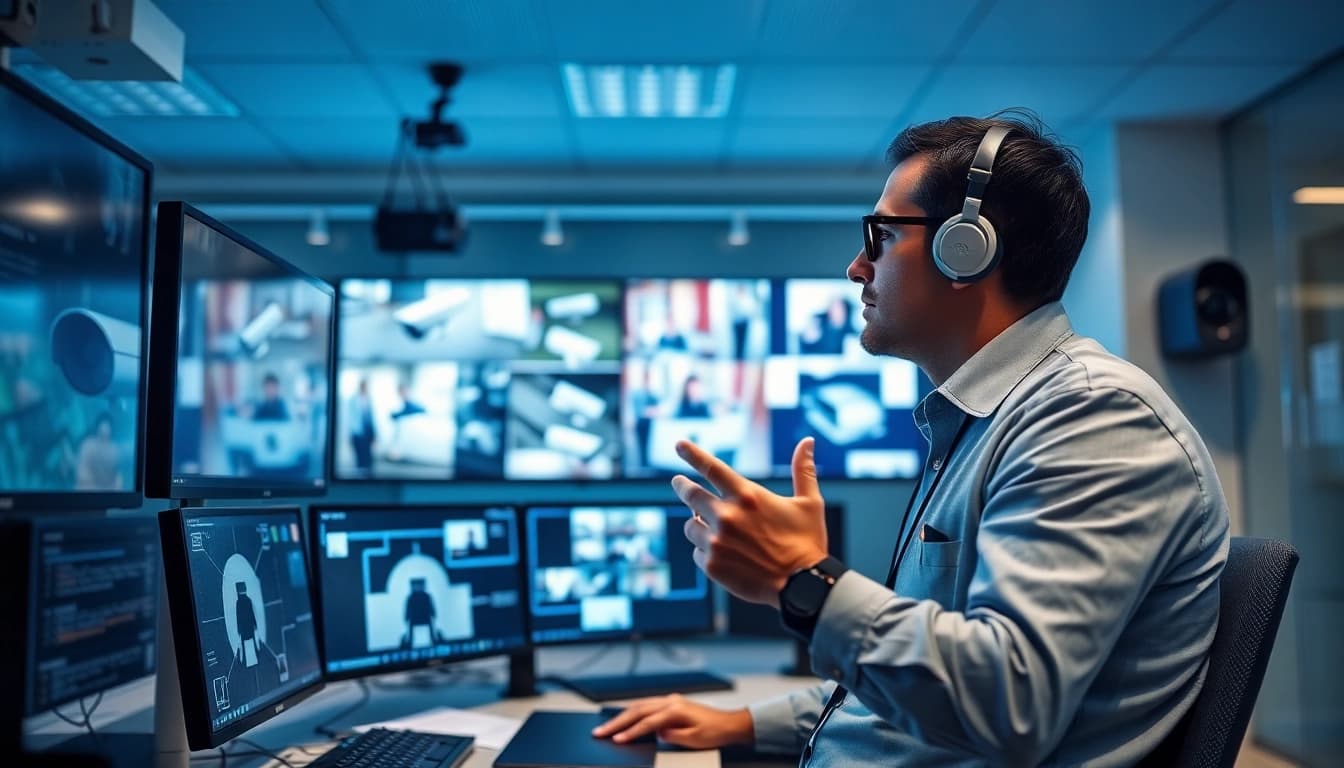 Experto en seguridad supervisando sistemas de vigilancia avanzados en una empresa de seguridad.