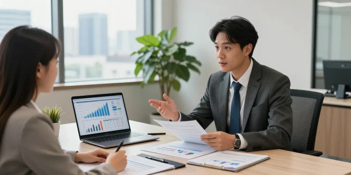Financial advisor explaining 소액결제현금화 strategies to a client in a modern office.