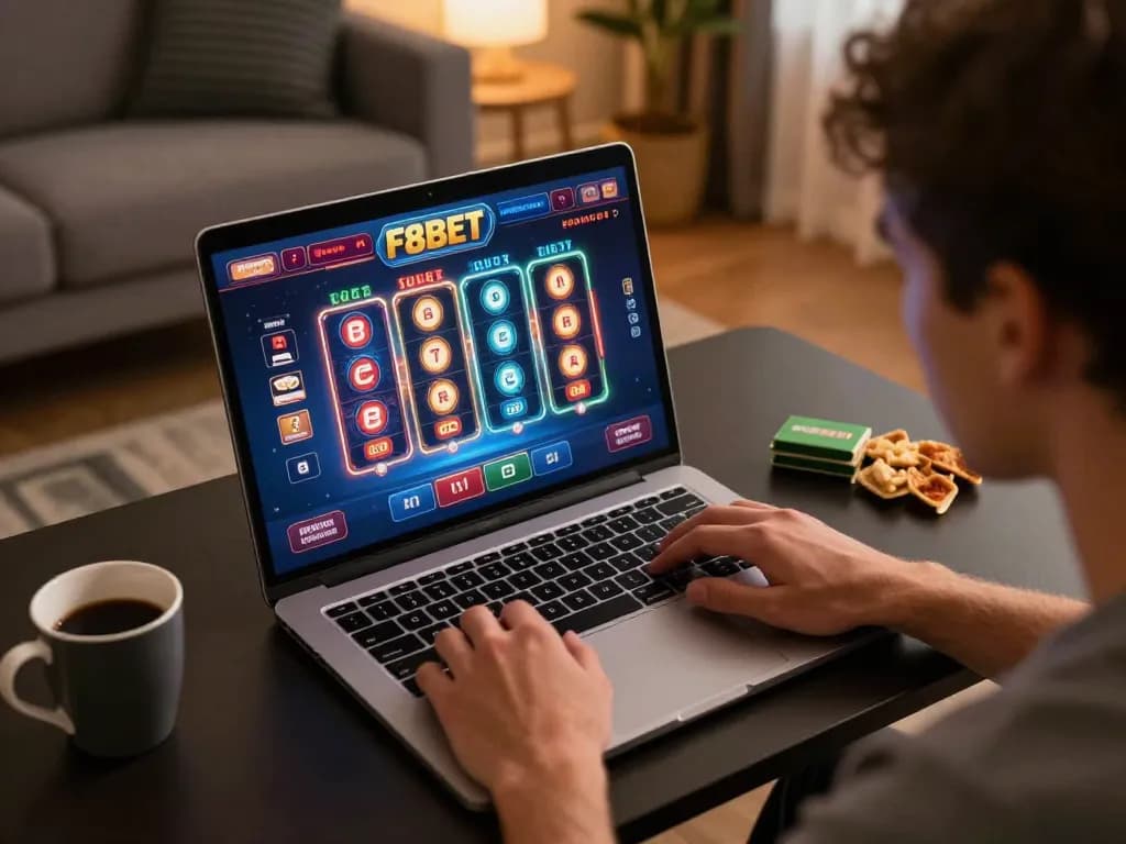 F8BET player engaged in an online casino game on a laptop in a cozy home setting.