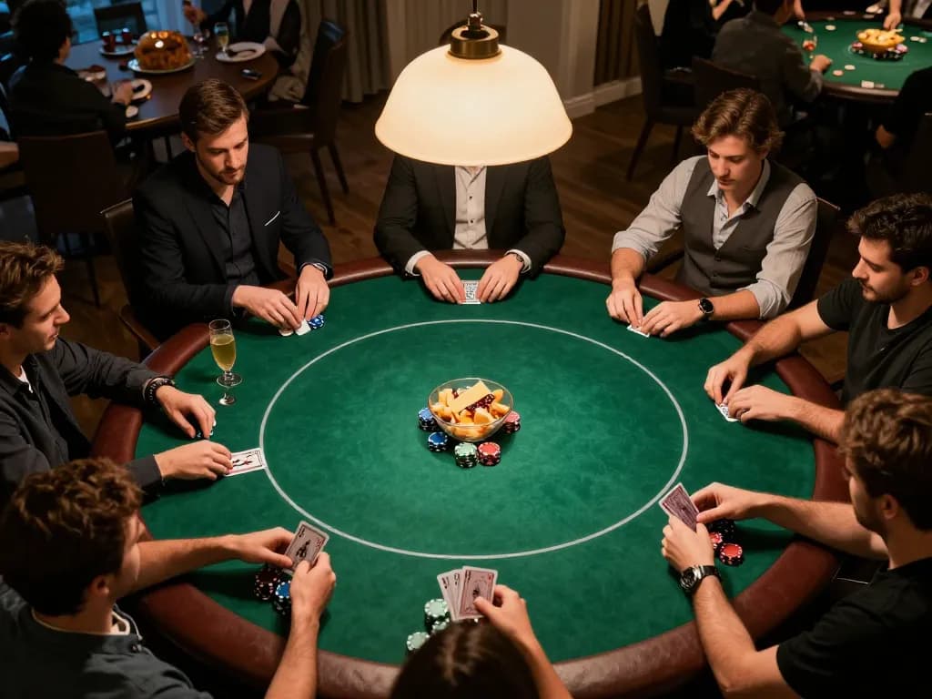 Playing poker in style with friends at home showcasing Website 79king's interactive gambling experience.