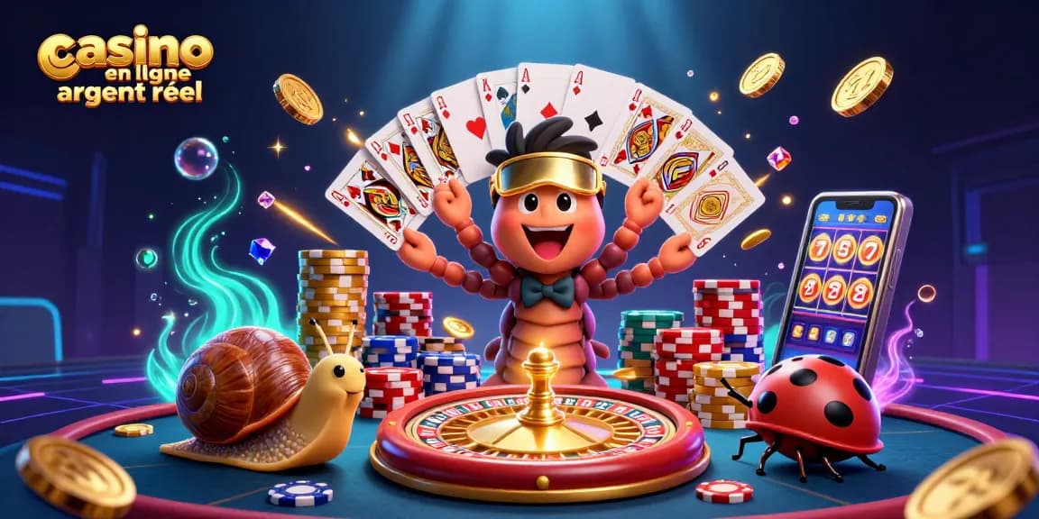 Joue au casino en ligne argent réel avec une scène dynamique de jeux, jetons et cartes.