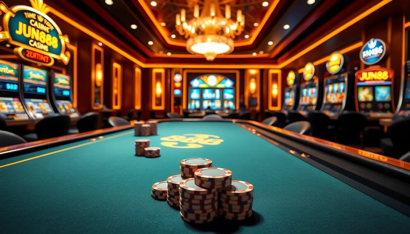 Experience the excitement of Jun88 in a luxurious casino setting with poker action and vibrant slot machines.
