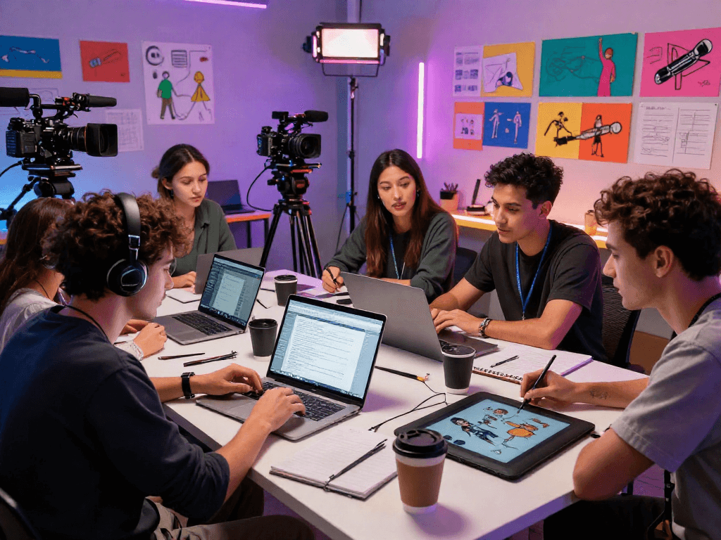 Creative team planning innovative nsfw ai content in a vibrant studio.