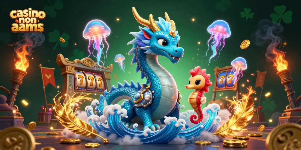 Vivi l'emozione dei casino non aams con una scena entusiasmante che presenta un drago, un cavaliere cavalluccio marino e rulli di slot vibranti.