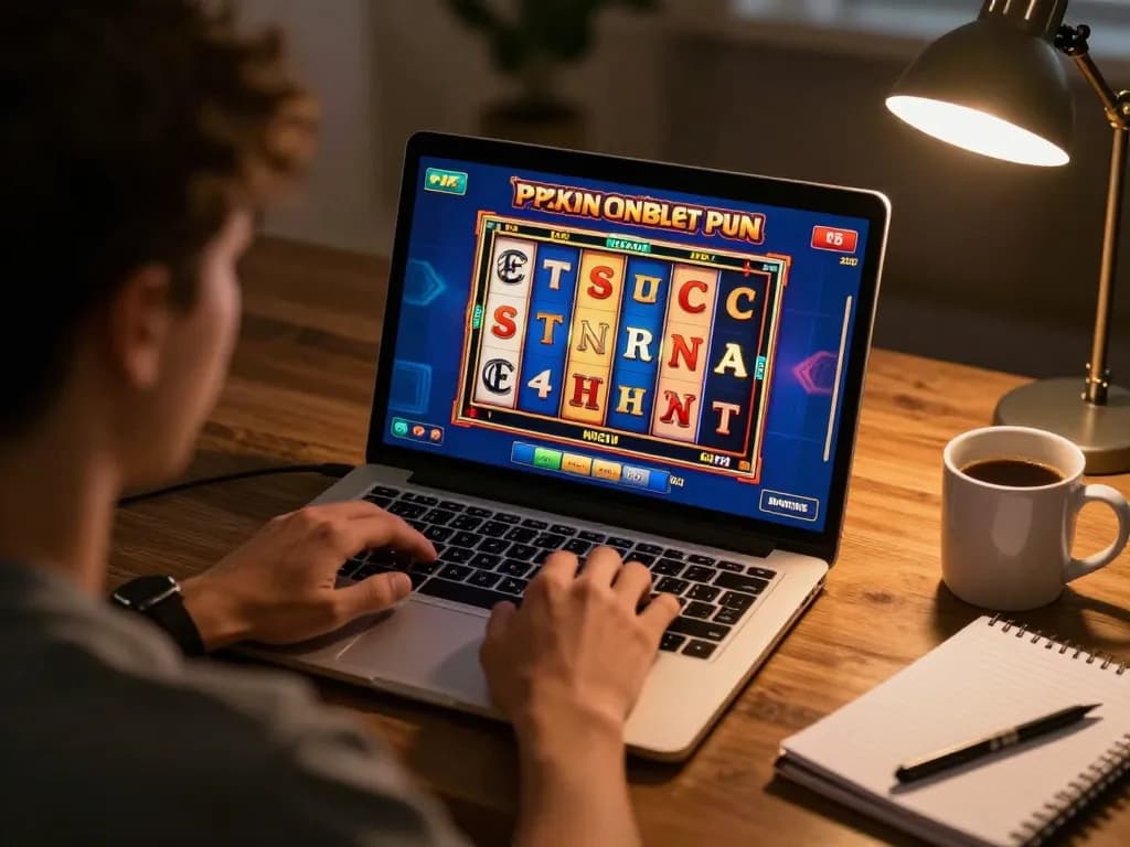 Engaging player enjoying slot online on laptop with colorful reels and cozy atmosphere.