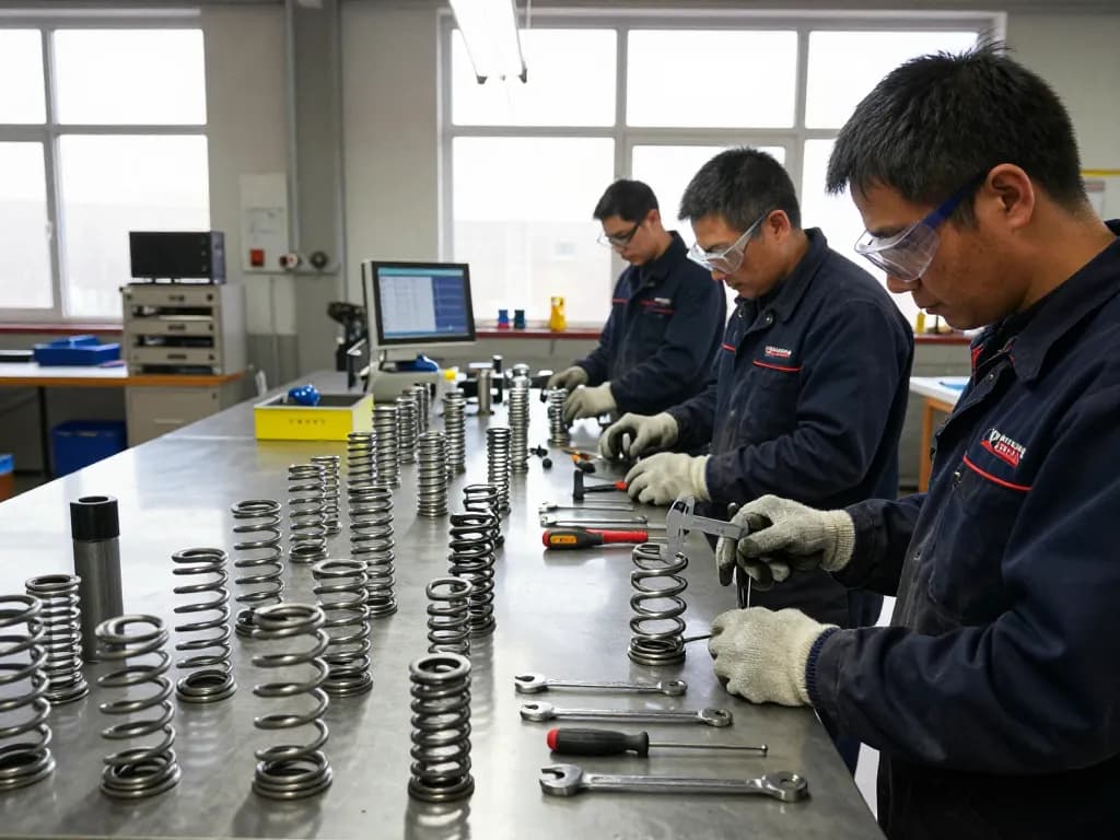 Tehnicieni colaborând la asamblarea Arcuri ciur într-un atelier industrial bine iluminat.