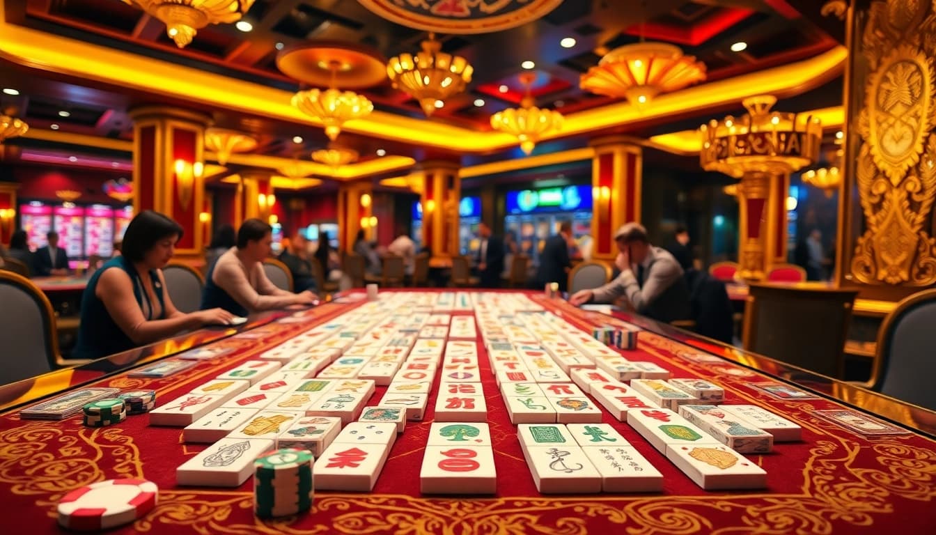 Mainkan Link Mahjong dengan semangat di latar kasino mewah yang menampilkan ubin Mahjong yang elegan.