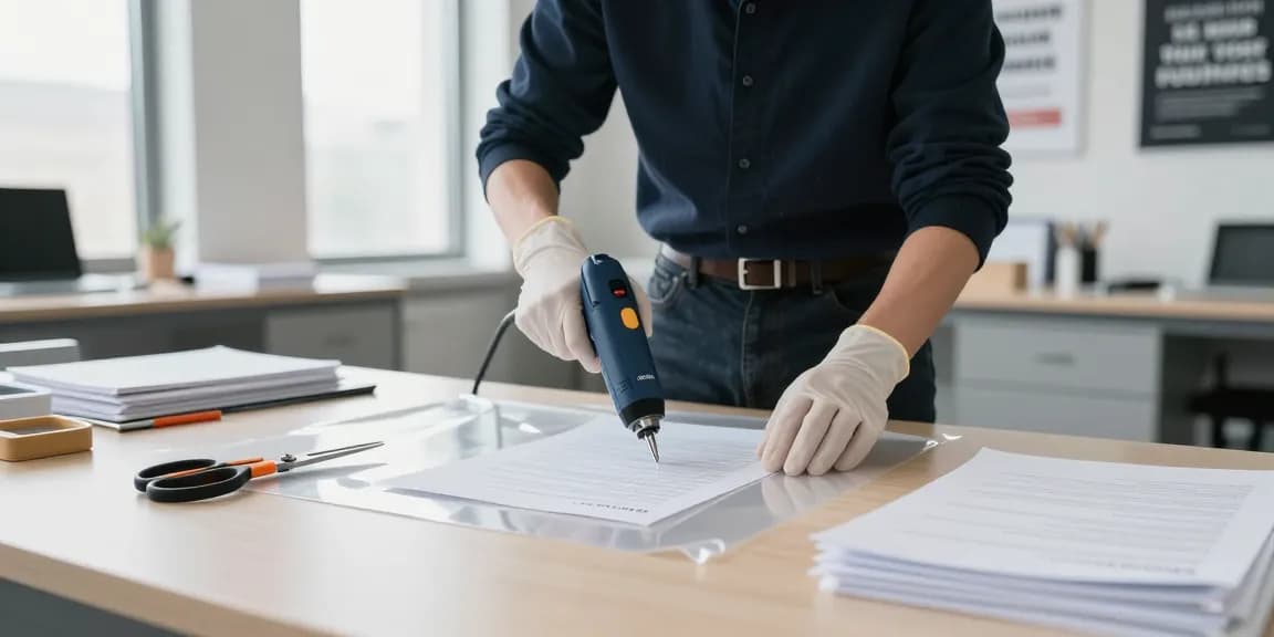 Bóc ép plastic tại hà nội với một chuyên gia chuyên nghiệp đang loại bỏ lớp laminat khỏi các tài liệu quan trọng trong một văn phòng hiện đại.