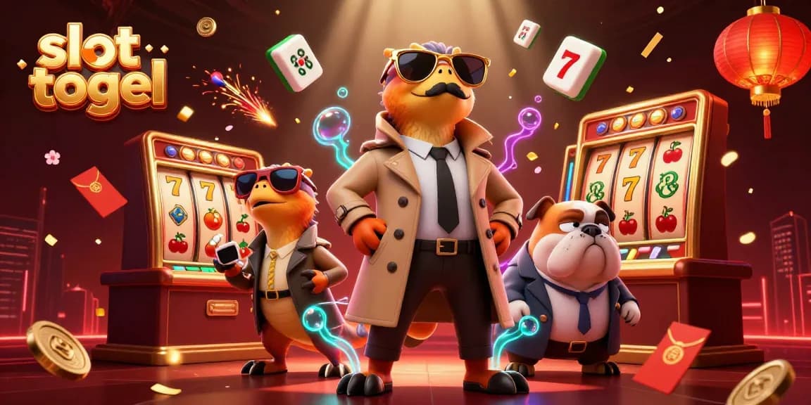 Experience slot togel excitement as three raptors in a trench coat attempt VIP entry amidst vibrant casino elements.