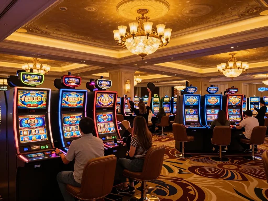 Players enjoying vibrant slot machines at c168 casino, capturing the lively atmosphere and excitement.