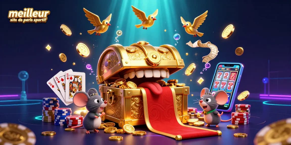 Illustration captivante sur le meilleur site de paris sportif avec des trésors, des pièces dorées et des jeux de casino.