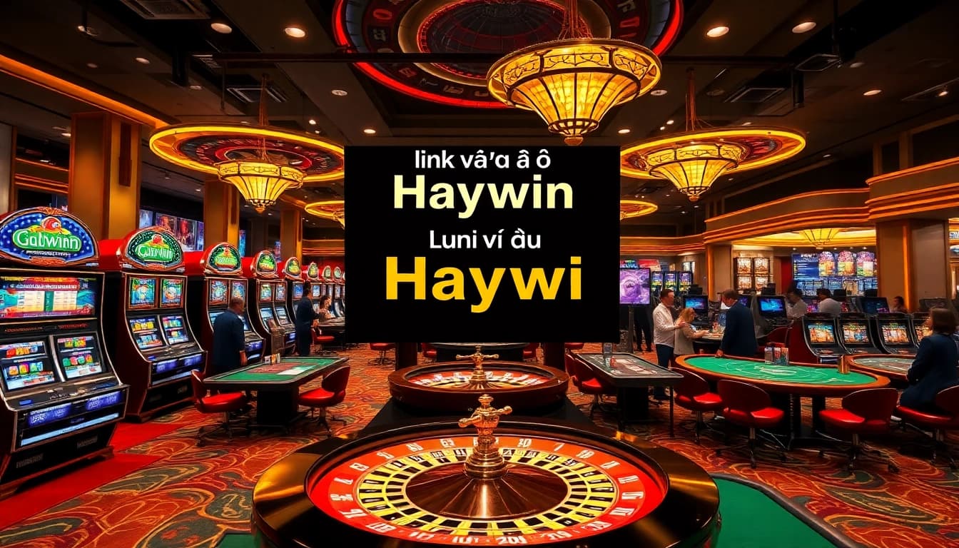"Link vào Haywin" promotes excitement and engagement at a vibrant casino scene with players at various games.