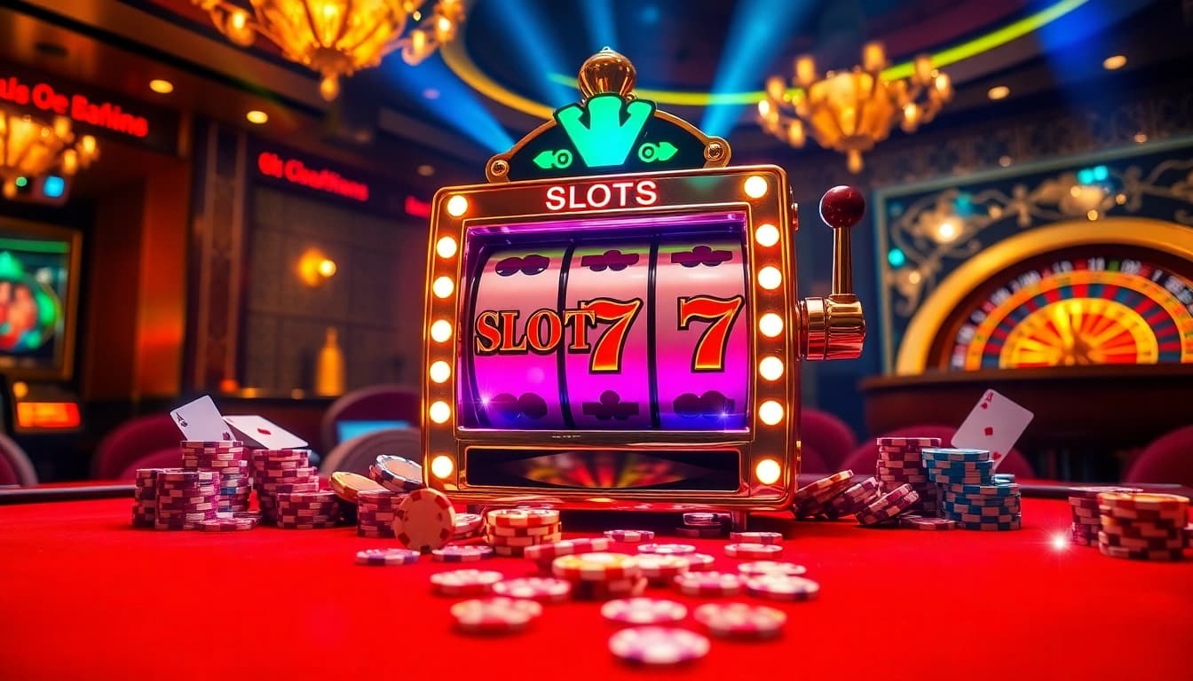 Exciting gameplay at Slot777 with vibrant slot machines and casino elements for gamblers.