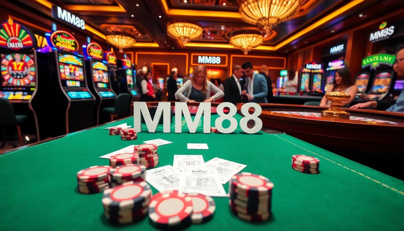 Exciting gameplay at MM88 casino featuring vibrant slot machines and poker tables.