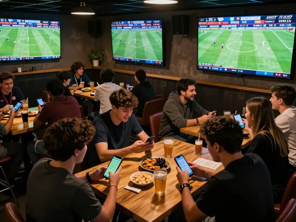 Cakhiatv users engaged in live football viewing and sports betting in a lively sports bar setting.