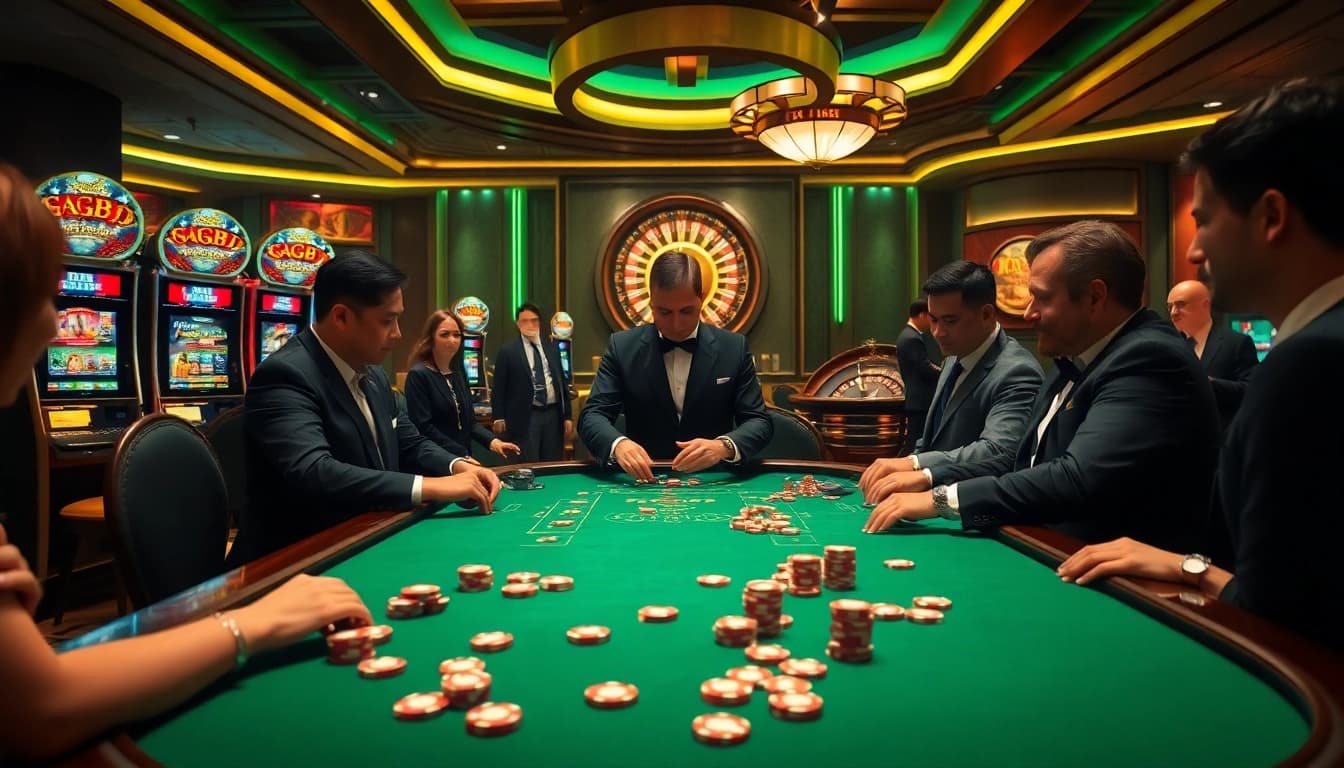 Players enjoying an exciting game at the GG88 casino table with vibrant poker chips and slot machines.