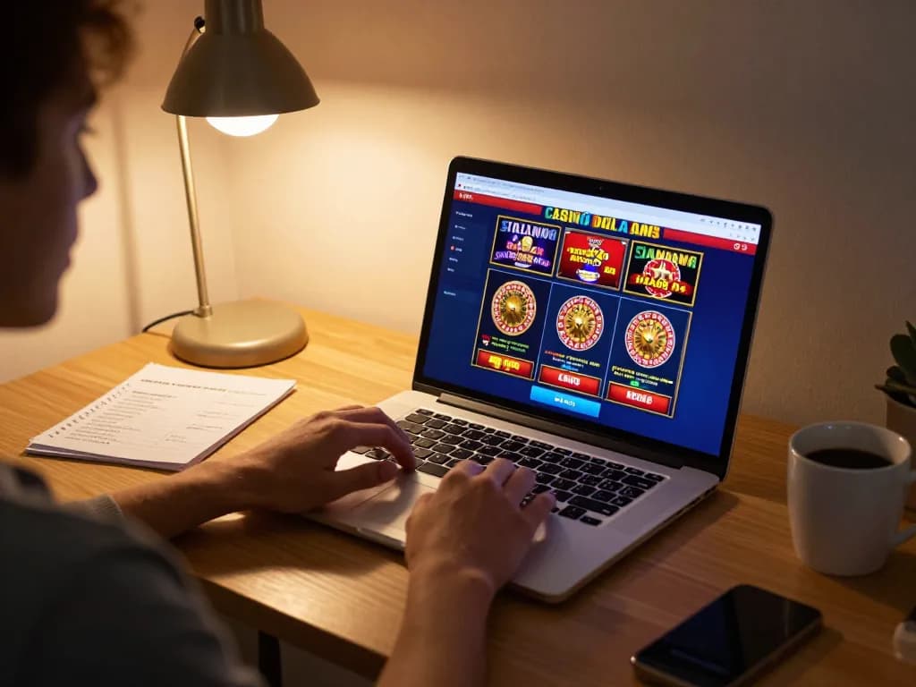 Engaging in casinò online italiani non aams gaming on a laptop in a cozy home setup with betting notes.