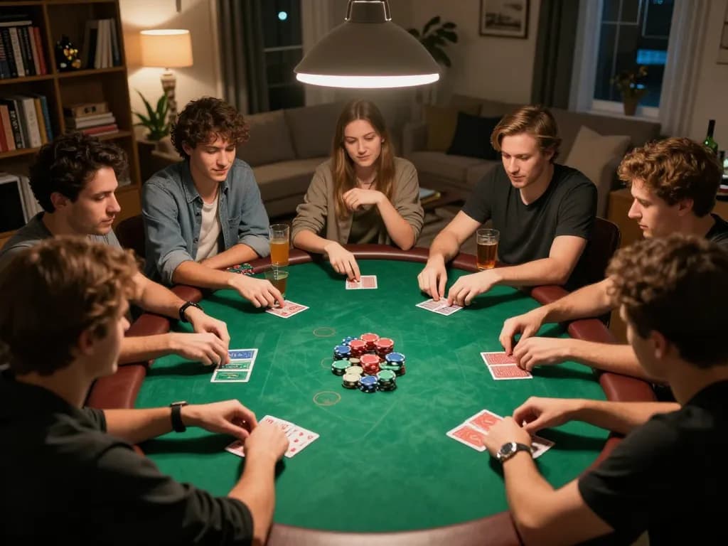 Friends playing poker at a home game night, capturing engaging activities and strategic moments at keonhacaii88.