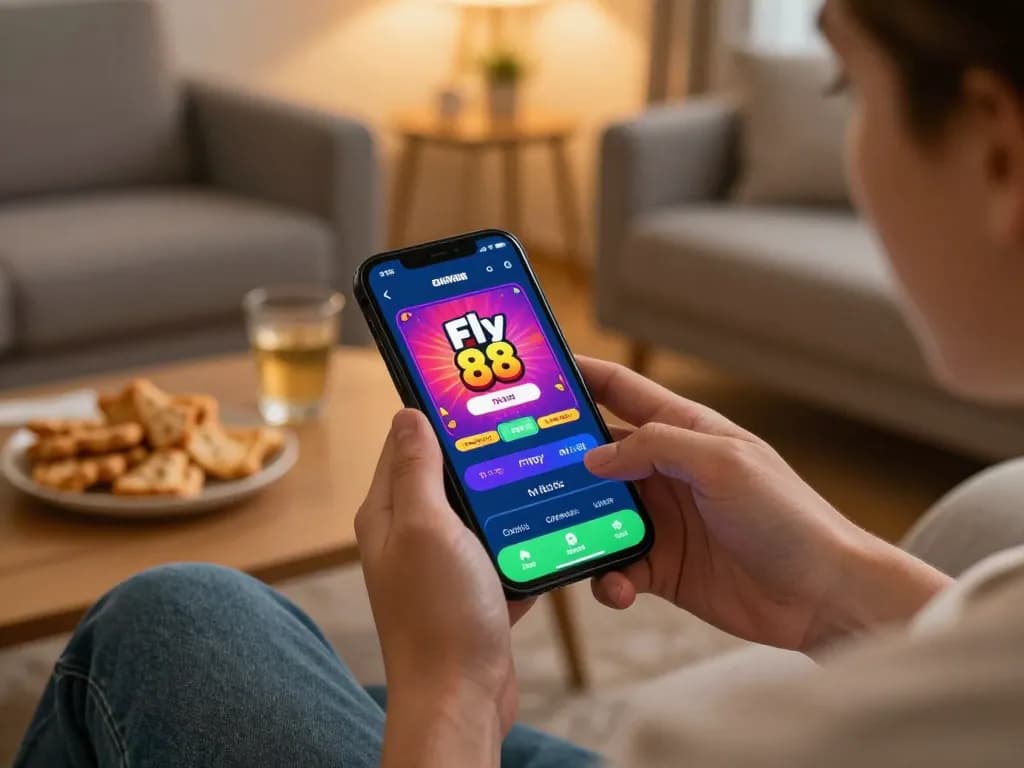 Playing fly 88 on a smartphone in a cozy setting, showcasing fun online casino gaming.