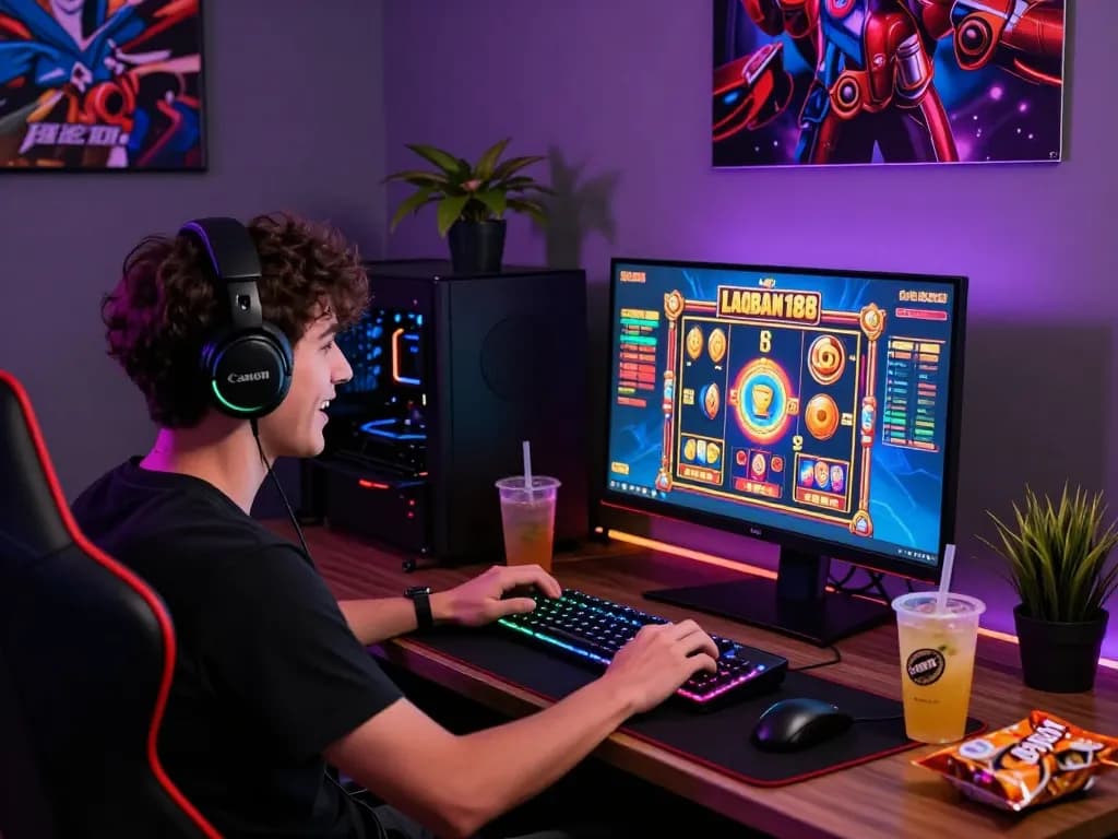 Pemain menikmati permainan slot LAOBAN188 dalam pengaturan permainan yang cerah dengan pencahayaan RGB.