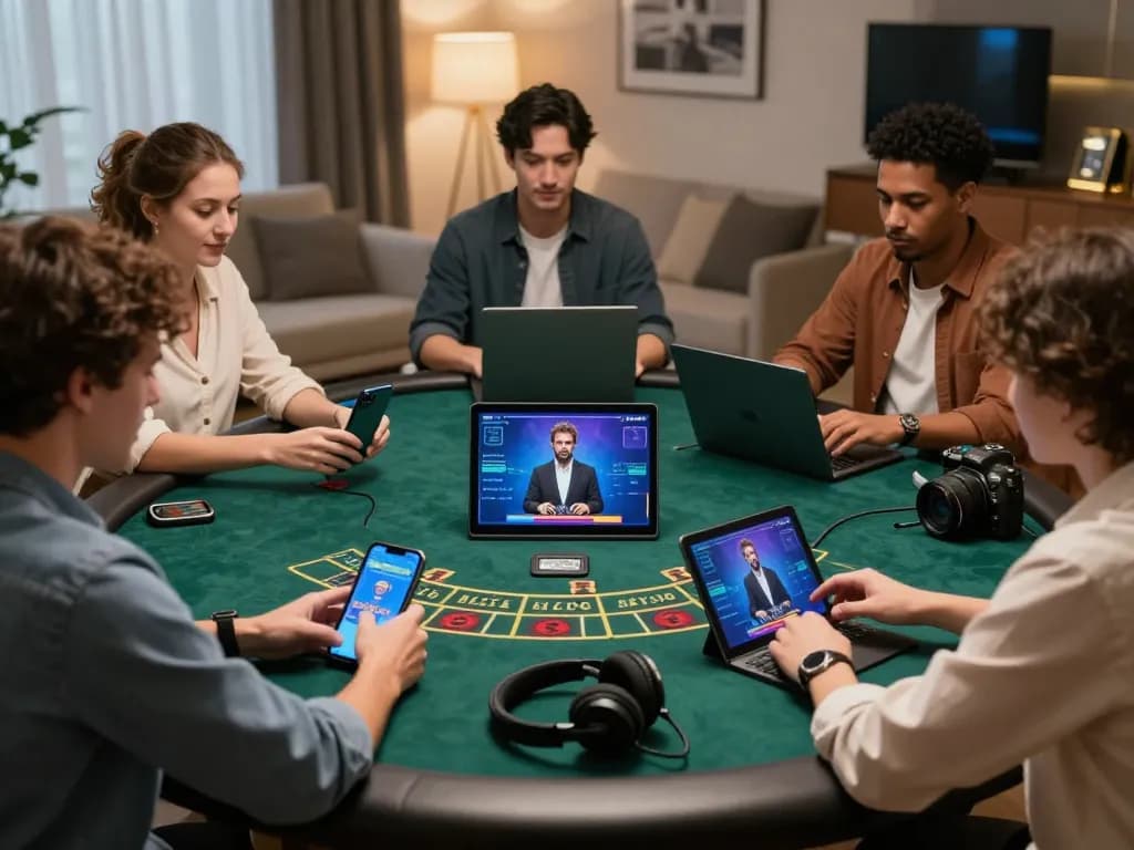 Engaged players enjoying a live baccarat experience on their devices, reflecting the thrill of 바카라사이트 gaming in a modern setting.