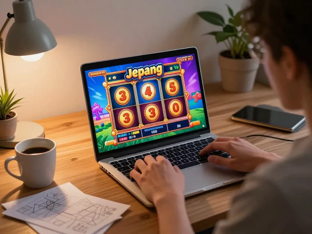 Engaging gameplay on a laptop featuring slot jepang with vibrant graphics in a cozy home setting.