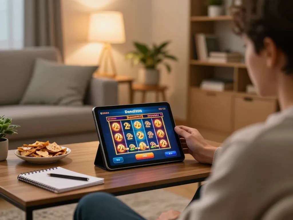 Player enjoying online slot deposit 2rb gaming with a tablet in a cozy living room.
