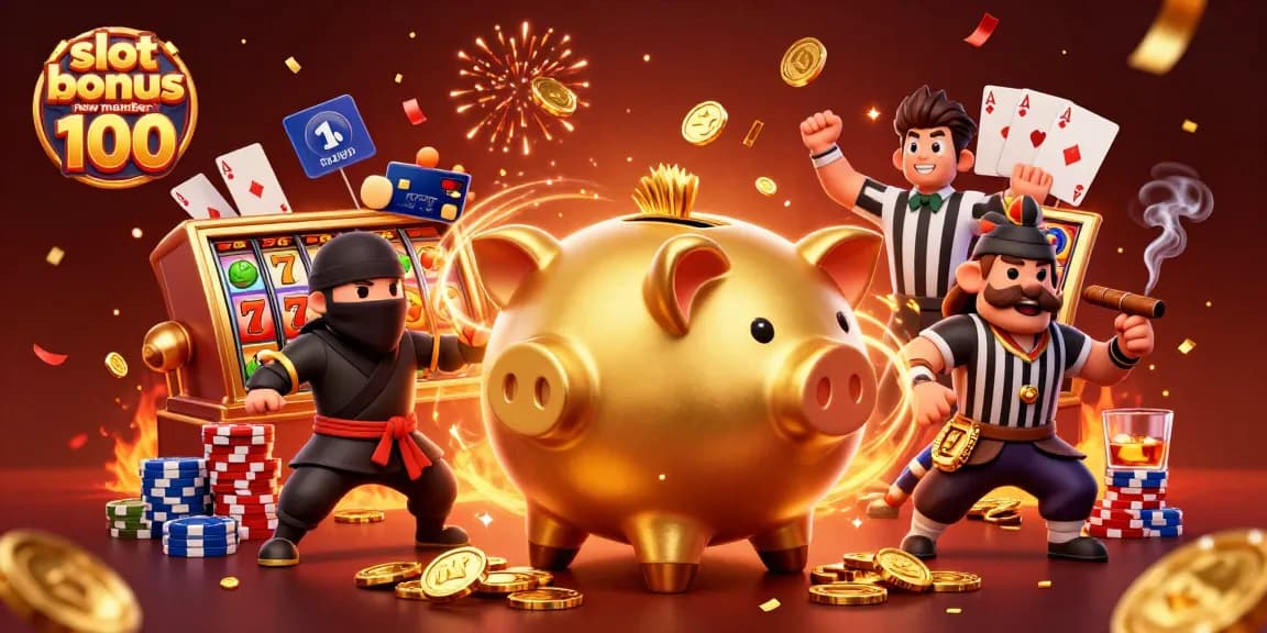 Experience the excitement of slot bonus new member 100 with engaging characters and a dynamic casino scene.