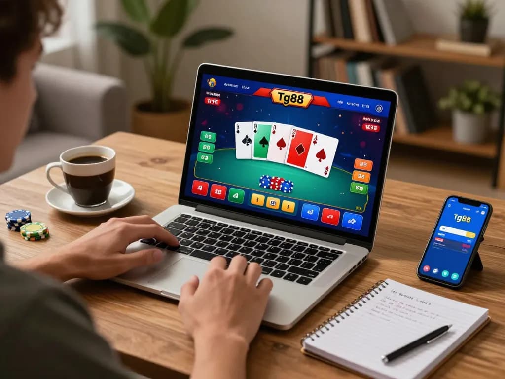 Player engages in thrilling casino action on tg88 platform, showing vibrant poker game interface and strategic notes.