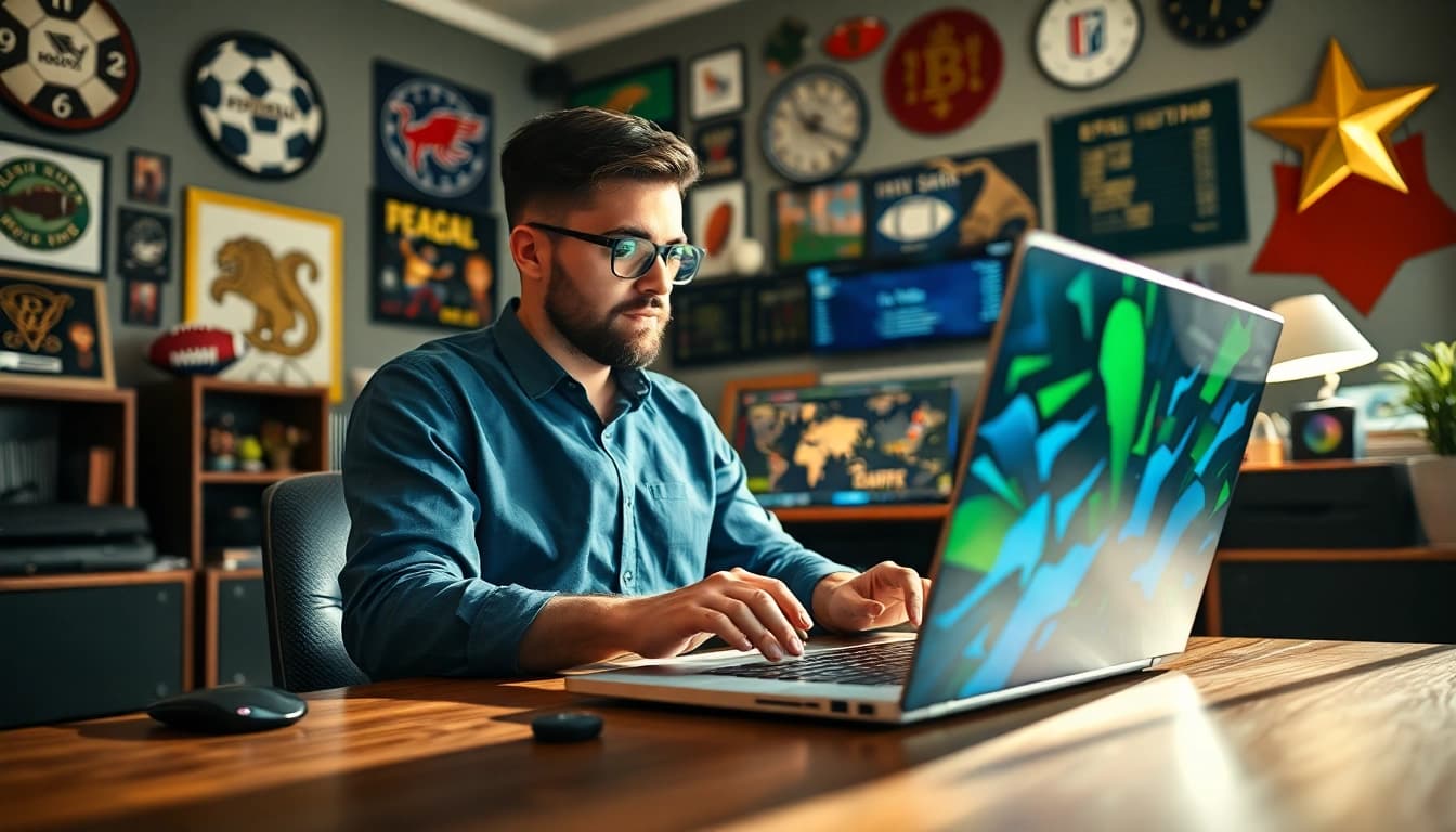 Explore the best sports betting sites Mexico with a sports betting enthusiast in a modern office.