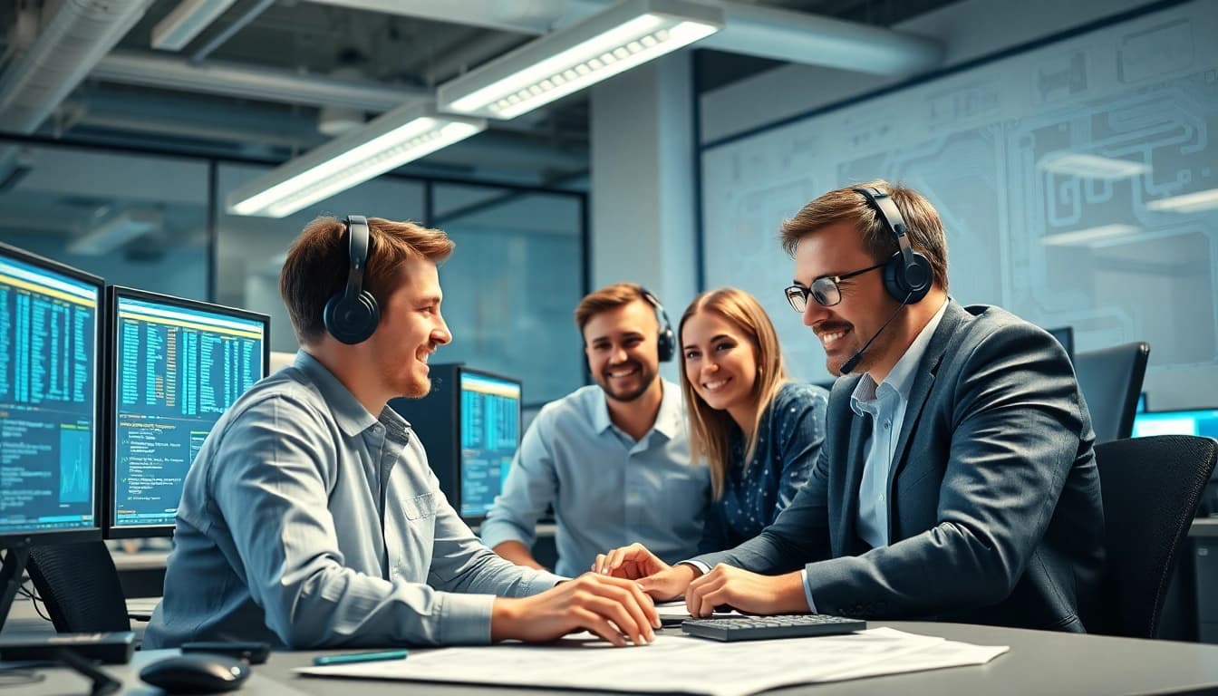 Find top managed IT services near me in a collaborative office with tech displays.